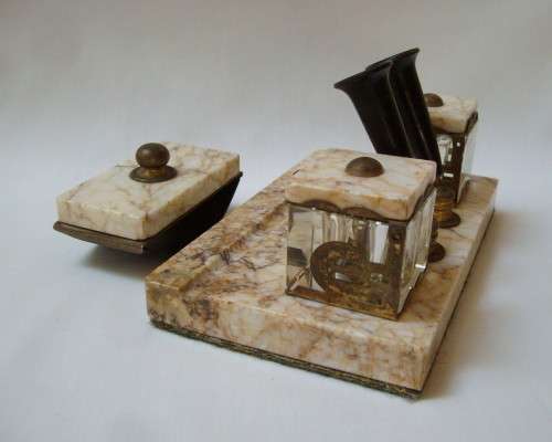 VINTAGE MARBLE DESK SET WITH TWO INK WELLS, PEN HOLDERS  & BLOTTER