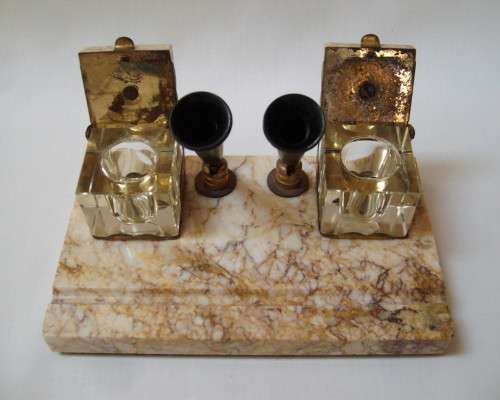 VINTAGE MARBLE DESK SET WITH TWO INK WELLS, PEN HOLDERS  & BLOTTER