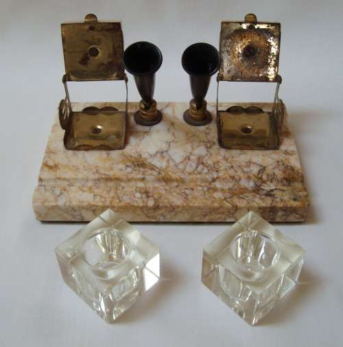 VINTAGE MARBLE DESK SET WITH TWO INK WELLS, PEN HOLDERS  & BLOTTER