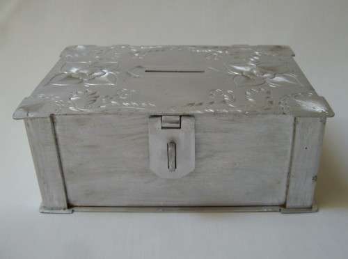 VINTAGE ENGRAVED ALUMINIUM MONEY BOX
