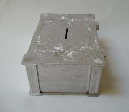 VINTAGE ENGRAVED ALUMINIUM MONEY BOX