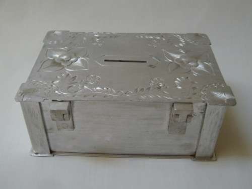 VINTAGE ENGRAVED ALUMINIUM MONEY BOX