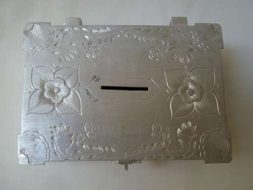 VINTAGE ENGRAVED ALUMINIUM MONEY BOX