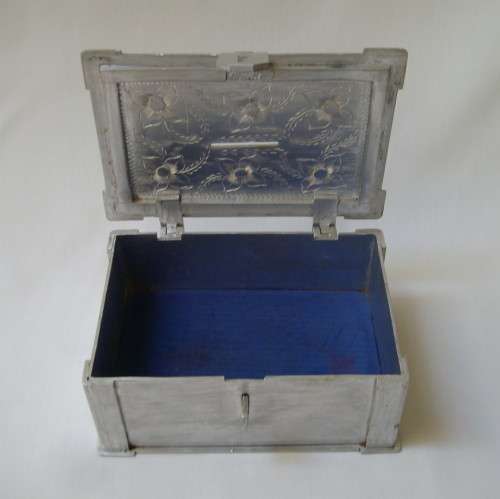 VINTAGE ENGRAVED ALUMINIUM MONEY BOX