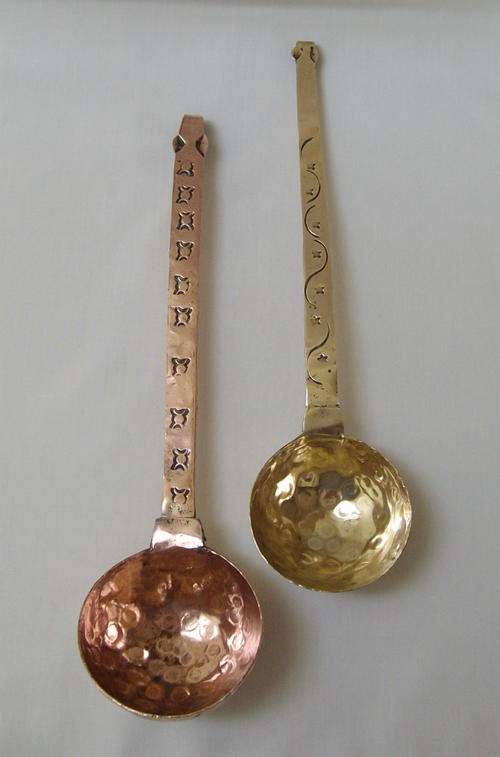 VINTAGE PAIR OF LARGE COPPER AND BRASS SPOONS