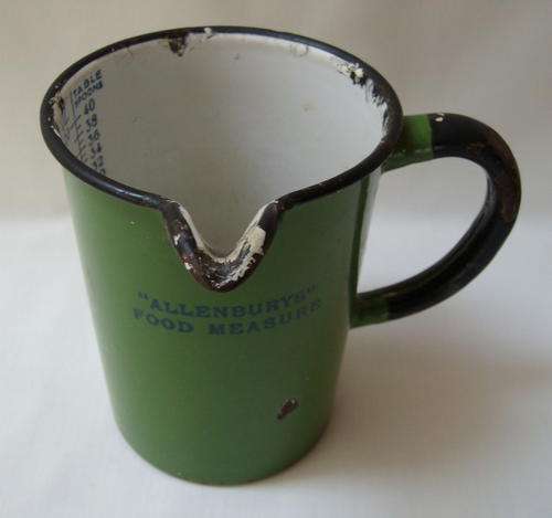 VINTAGE GREEN ENAMEL "ALLENBURYS" FOOD MEASURE JUG c1920's