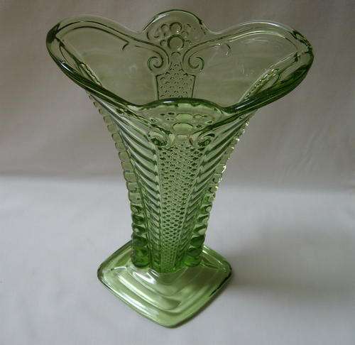 ART DECO BOHEMIAN GREEN GLASS VASE c1930's