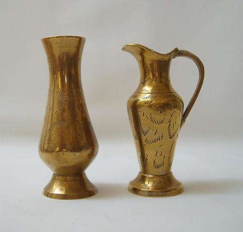 TWO VINTAGE INDIAN BRASS MINIATURE VASES