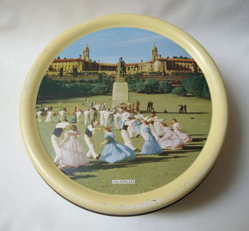 VINTAGE AFRICANA BI-LINGUAL EDWARD SHARP UNION BUILDINGS ~ 'VOLKSPELERS' 5 LBS CAKE TIN