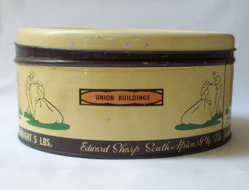 VINTAGE AFRICANA BI-LINGUAL EDWARD SHARP UNION BUILDINGS ~ 'VOLKSPELERS' 5 LBS CAKE TIN