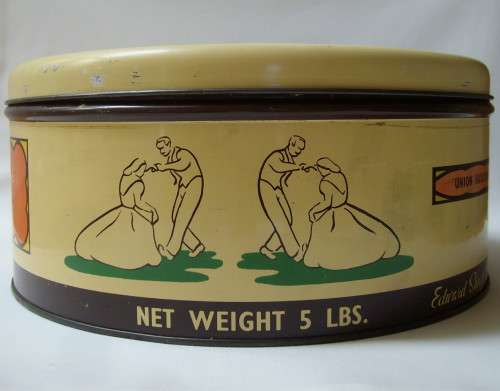 VINTAGE AFRICANA BI-LINGUAL EDWARD SHARP UNION BUILDINGS ~ 'VOLKSPELERS' 5 LBS CAKE TIN