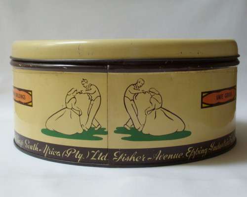 VINTAGE AFRICANA BI-LINGUAL EDWARD SHARP UNION BUILDINGS ~ 'VOLKSPELERS' 5 LBS CAKE TIN