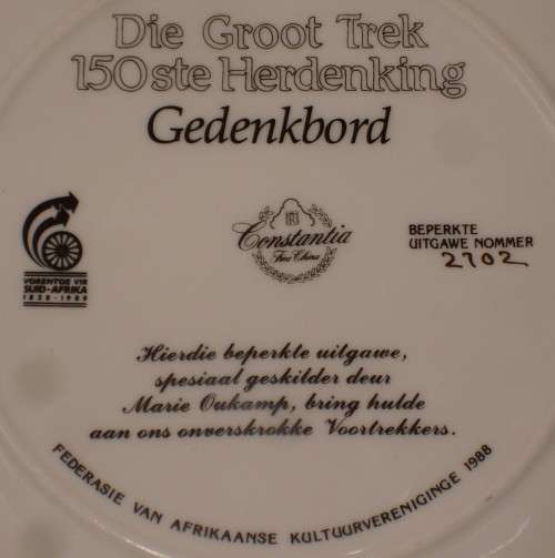 VINTAGE CONSTANTIA 'DIE GROOT TREK 150ste HERDENKING 1838-1988 GEDENKBORD' 23cm COMMEMORATIVE PLATE