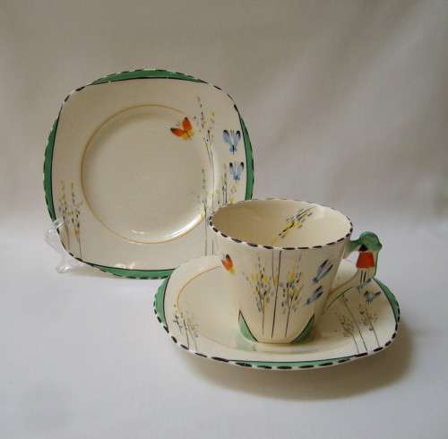 VINTAGE ART DECO BURLEIGH WARE IMPERIAL SHAPE BUTTERFLY PATTERN TRIO c1930s