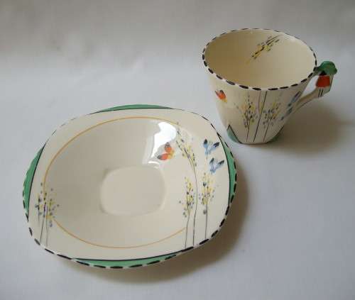 VINTAGE ART DECO BURLEIGH WARE IMPERIAL SHAPE BUTTERFLY PATTERN TRIO c1930s