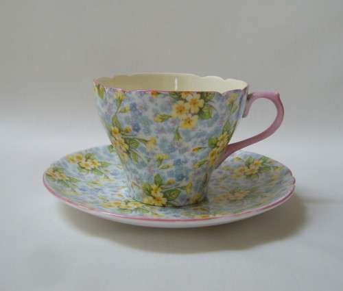 VINTAGE SHELLEY 'PRIMROSE' PATTERN 12586 COFFEE DUO c1945-1966 ~ Cup cracked!