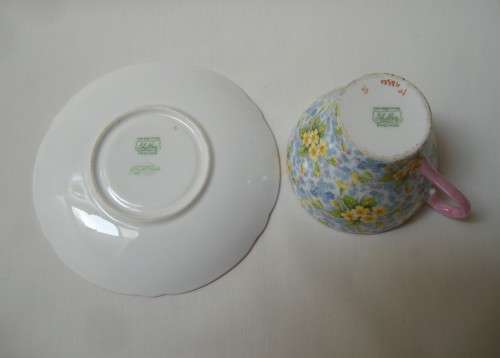 VINTAGE SHELLEY 'PRIMROSE' PATTERN 12586 COFFEE DUO c1945-1966 ~ Cup cracked!