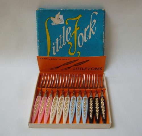 RETRO LITTLE FORK BOXED SET OF 12 COCKTAIL FORKS c1960s