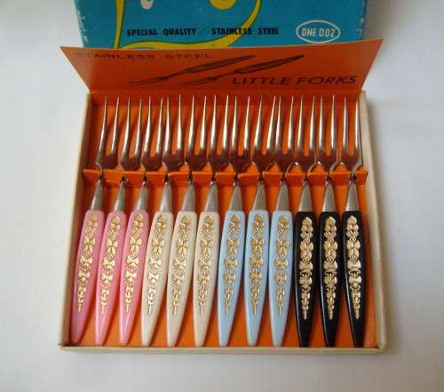 RETRO LITTLE FORK BOXED SET OF 12 COCKTAIL FORKS c1960s
