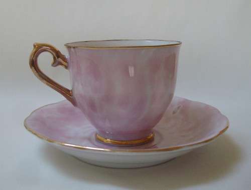 VINTAGE LUSTREWARE PINK HARLEQUIN TEA TRIO c1950s