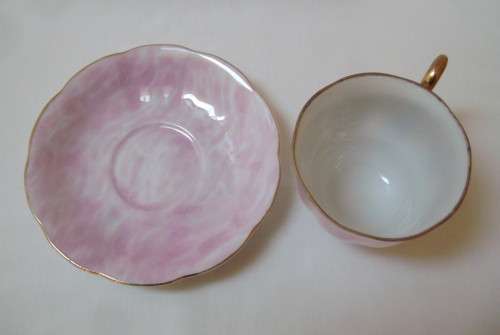 VINTAGE LUSTREWARE PINK HARLEQUIN TEA TRIO c1950s