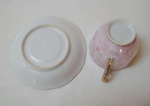 VINTAGE LUSTREWARE PINK HARLEQUIN TEA TRIO c1950s