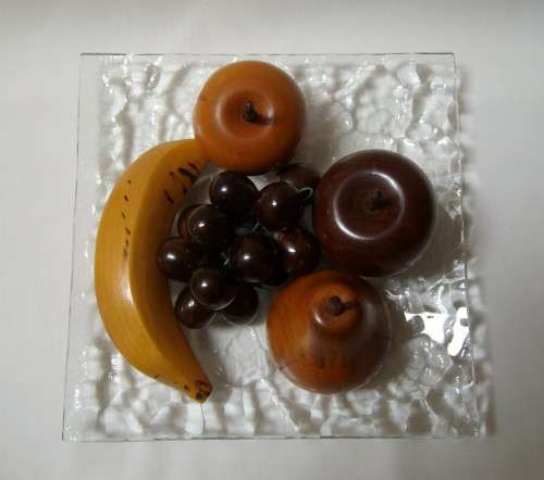 SELECTION of HANDMADE WOODEN FRUIT on GLASS PLATE by SANDY DICKIE