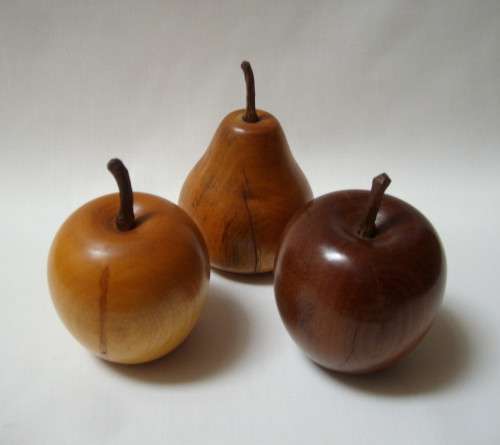 SELECTION of HANDMADE WOODEN FRUIT on GLASS PLATE by SANDY DICKIE