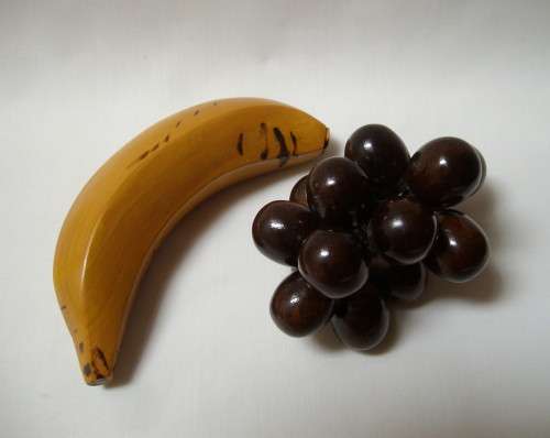 SELECTION of HANDMADE WOODEN FRUIT on GLASS PLATE by SANDY DICKIE