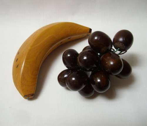 SELECTION of HANDMADE WOODEN FRUIT on GLASS PLATE by SANDY DICKIE