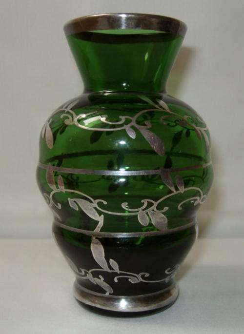 GREEN VENETIAN GLASS VASE WITH SILVER OVERLAY