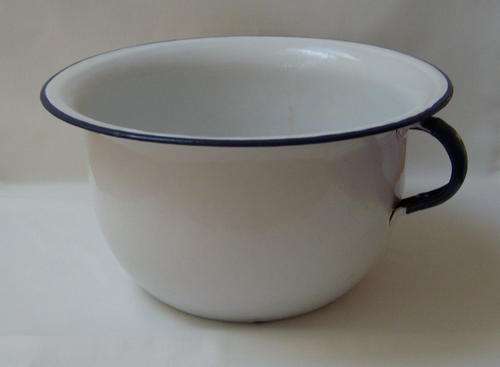 VINTAGE POLAND WHITE ENAMEL WITH BLUE TRIM CHAMBER POT