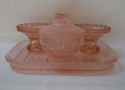 ART DECO FROSTED PEACH GLASS DRESSING TABLE VANITY SET