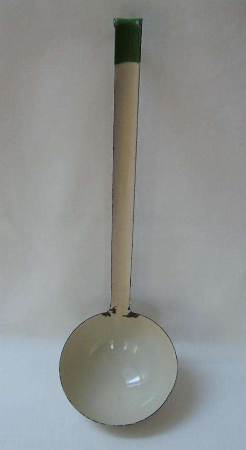 VINTAGE CREAM ENAMEL WITH GREEN TRIM SOUP LADLE