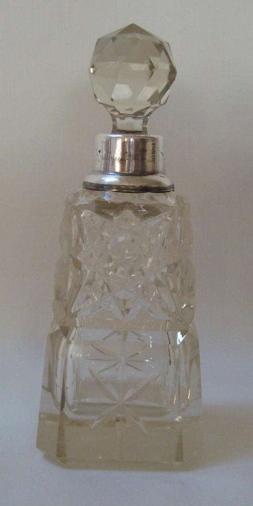 CUT CRYSTAL PERFUME BOTTLE WITH STERLING SILVER COLLAR c1925