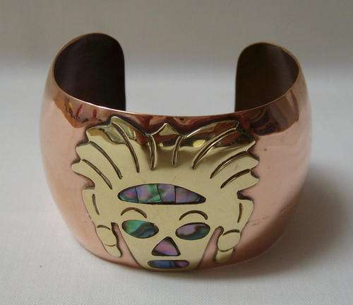 VINTAGE COPPER & BRASS FIGURAL AZTEC CUFF BRACELET c1960's