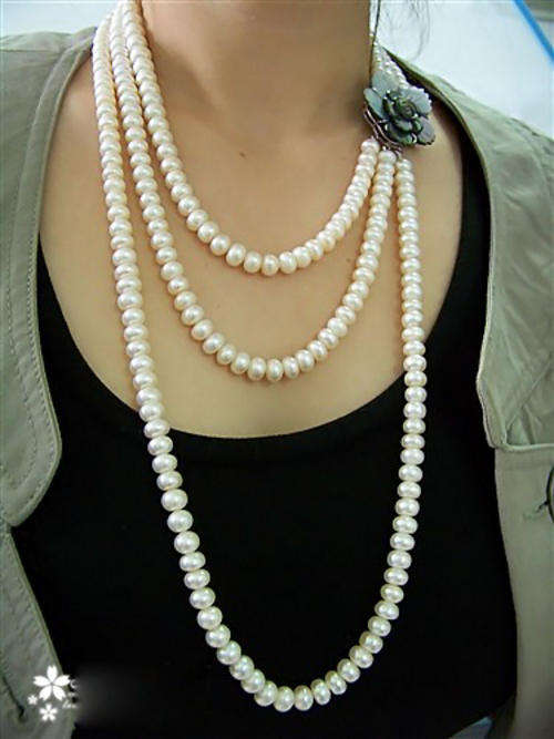 Fine White Women's Pearl Necklace 3 Row