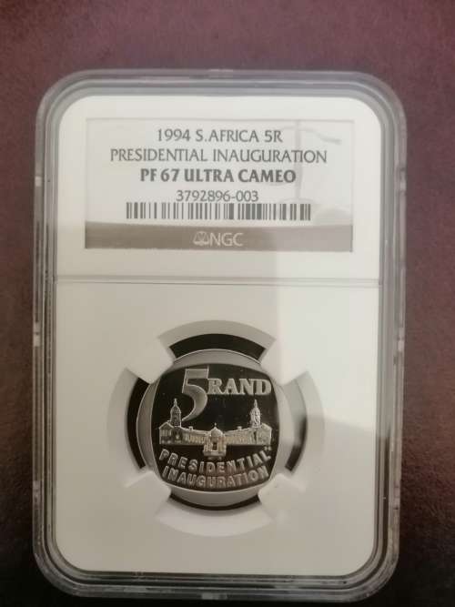 1994 SA Presidential Inaugaration R5 Graded PF67 Ultra Cameo plus 1994 Proof SA Coin Set