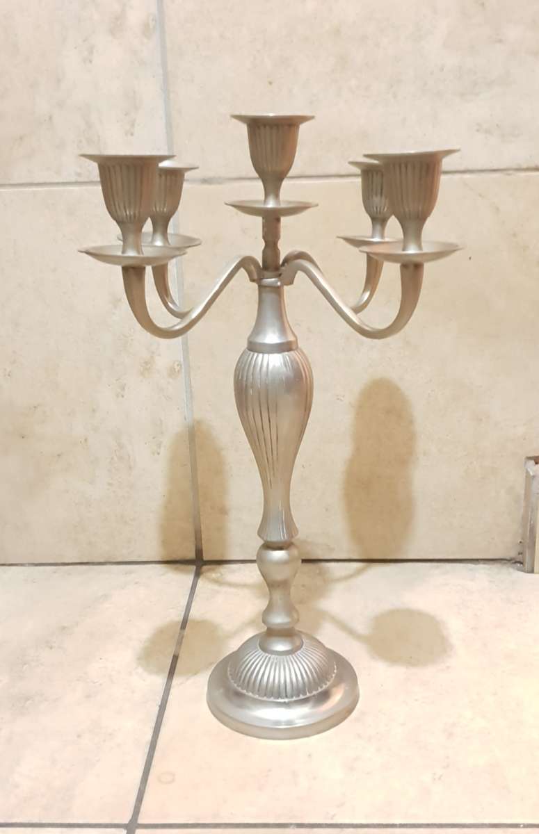 VINTAGE VERY HEAVY TALL SILVER PLATED ON BRASS 5 ARM  CANDELABRA.