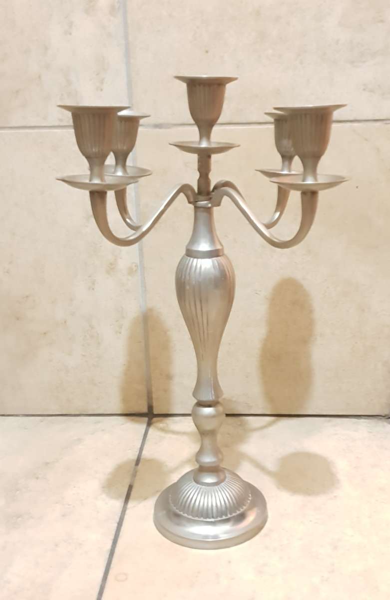 VINTAGE VERY HEAVY TALL SILVER PLATED ON BRASS 5 ARM  CANDELABRA.