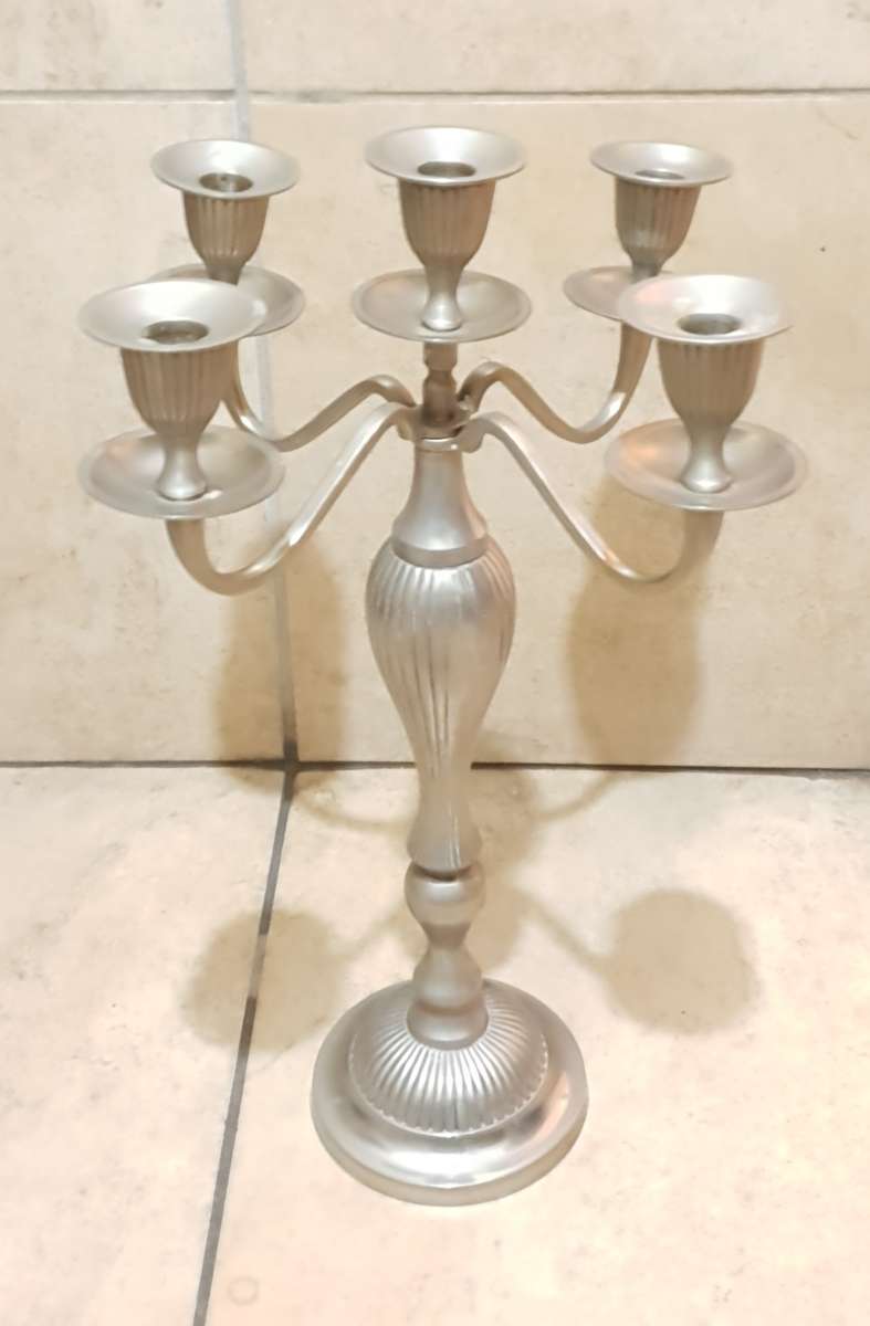 VINTAGE VERY HEAVY TALL SILVER PLATED ON BRASS 5 ARM  CANDELABRA.