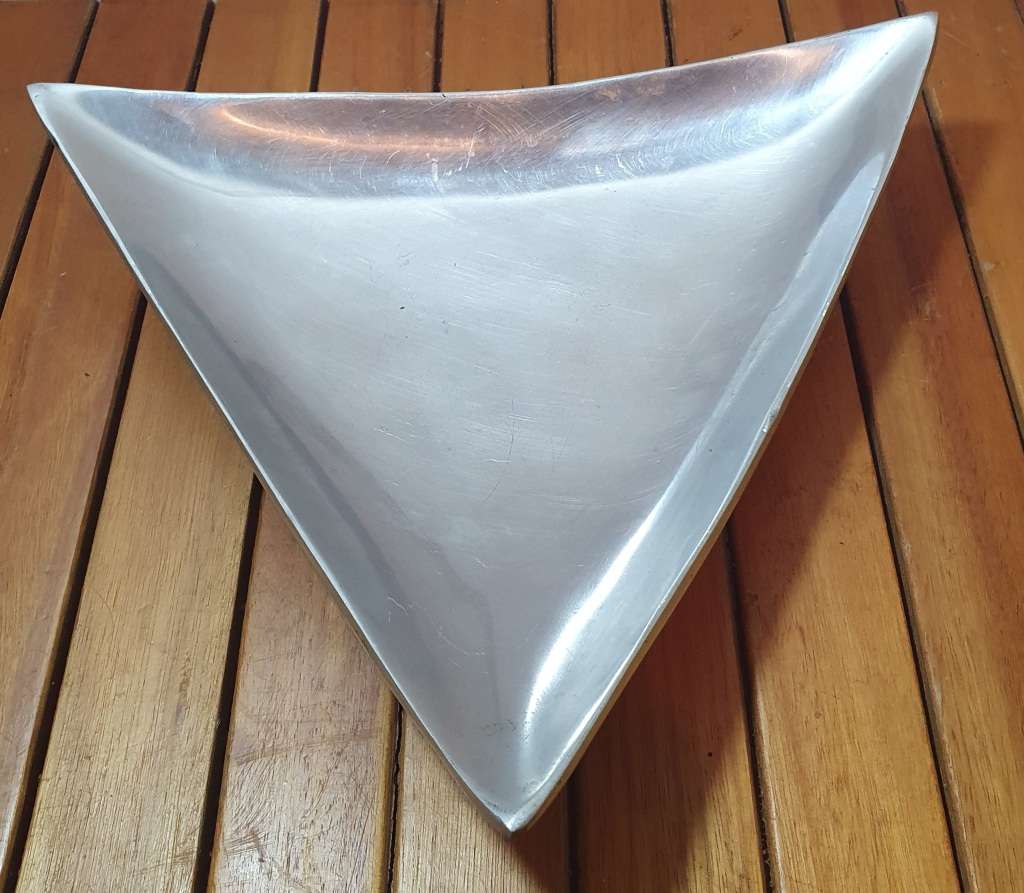 Unused triangle shaped metallic Fruit / Candy display footed Tray / Dish.