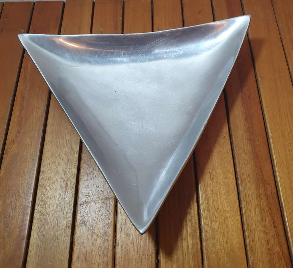 Unused triangle shaped metallic Fruit / Candy display footed Tray / Dish.