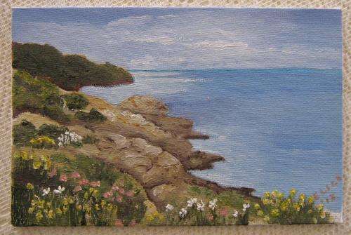 Sea; Rocks & Flowers - Unframed 15cm X 10cm by Eliza