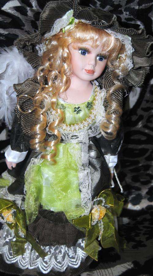 Beautiful blonde hair & green and grey dress porcelain doll 40cm