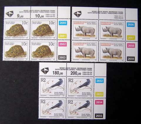 SOUTH AFRICA Mint Control Blocks -  Assorted Sixth Definitive: Threatened Fauna 1994