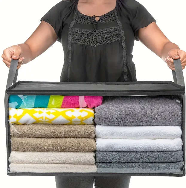 Large fabric storage bag With Handles and viewing window space saving organizer for clothes,blankets