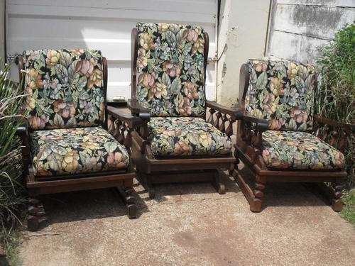 VINTAGE IMBUIA ROCKING CHAIR WITH 2 MATCHING CHAIRS