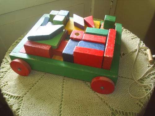 Pull-Along Wooden Trailer  With 30 Wooden Blocks
