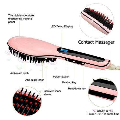 Professional Electric Hair Straightener, Massaging Brush Combo. LCD Display Temperature Controls.